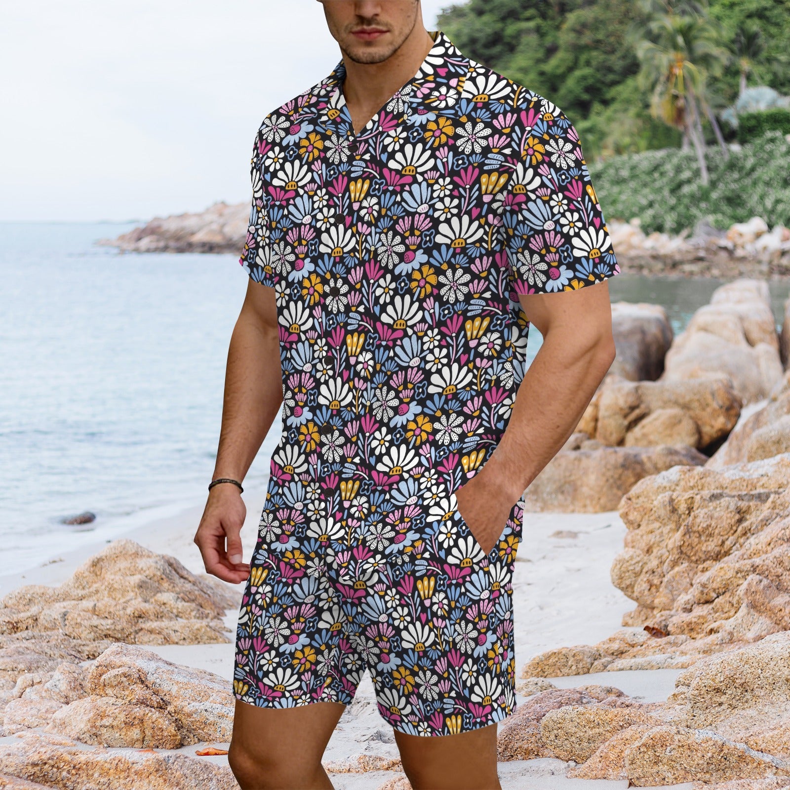 Graphic Flowers On Black Men's Hawaiian Shirt & Shorts Set Men's Hawaiian Shirt & Shorts Set Plants Printed Offshore