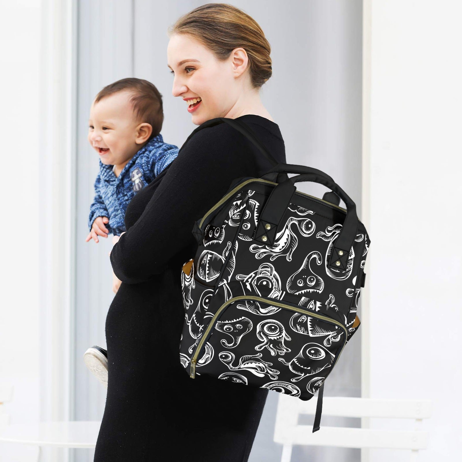 Monsters In Black And White - Multi-Function Backpack, Nappy / Diaper Bag