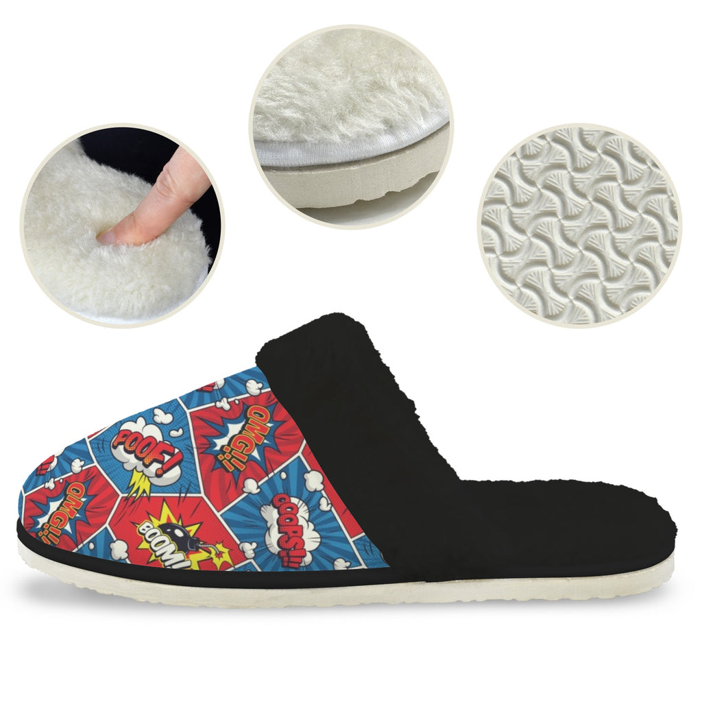Comic Book Cells Men's Fur Trim Thick-Sole Indoor Slippers Men's Fur Trimmed Slippers comic Printed Offshore