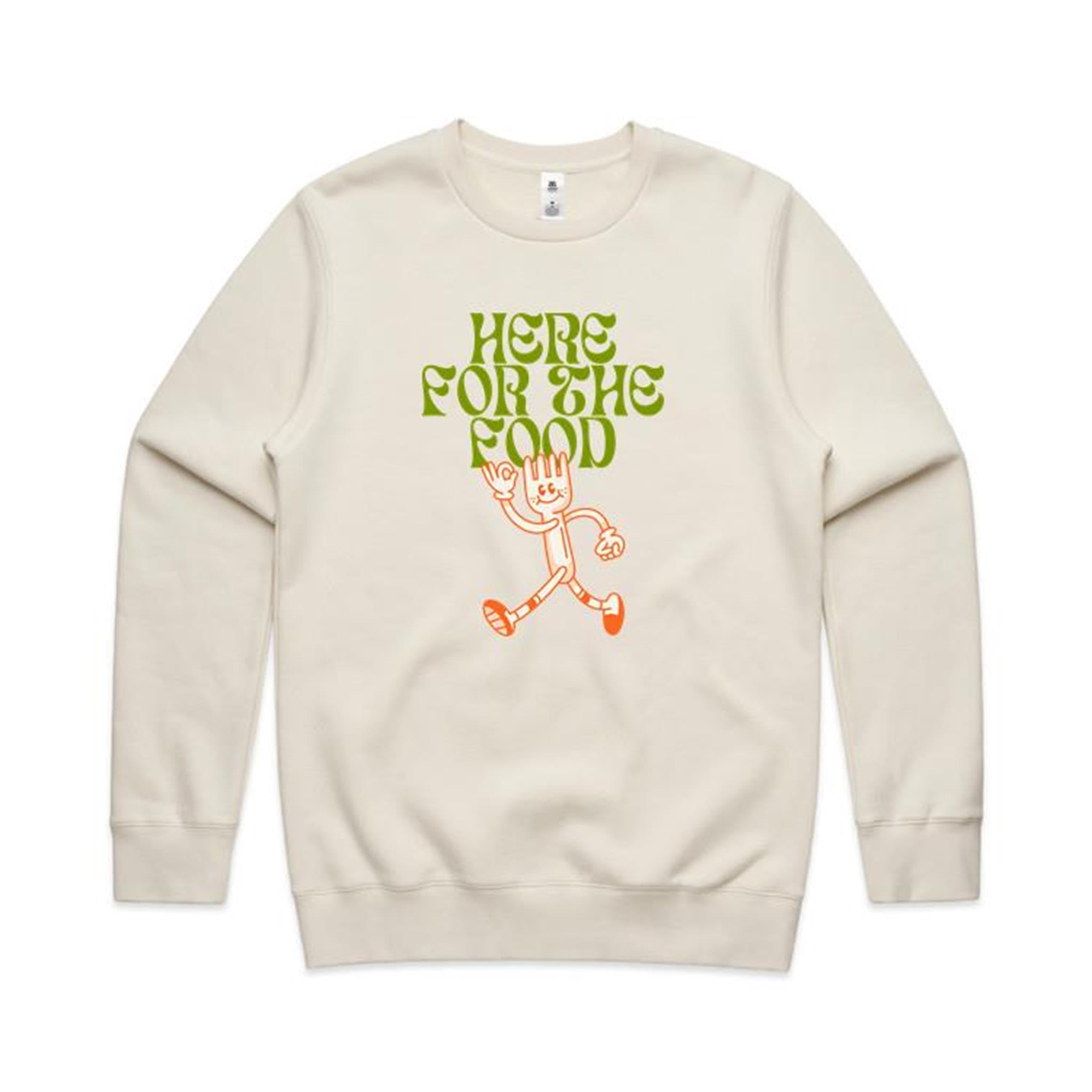 Here For The Food - AS Colour Stencil Crew Ecru Sweatshirt Food Printed In Australia