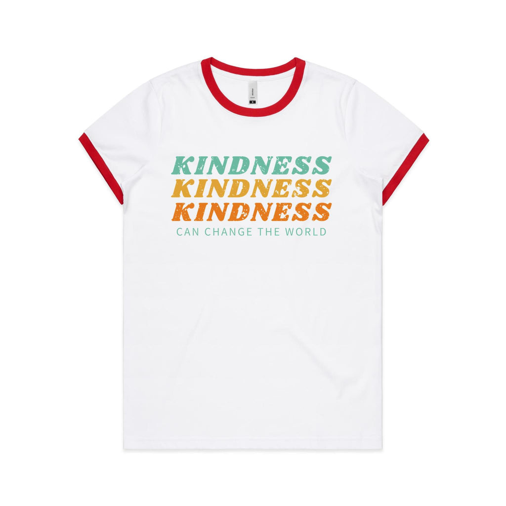 Kindness Can Change The World - Women's Ringer Tee White Red Womens Ringer T-shirt Kindness Printed In Australia
