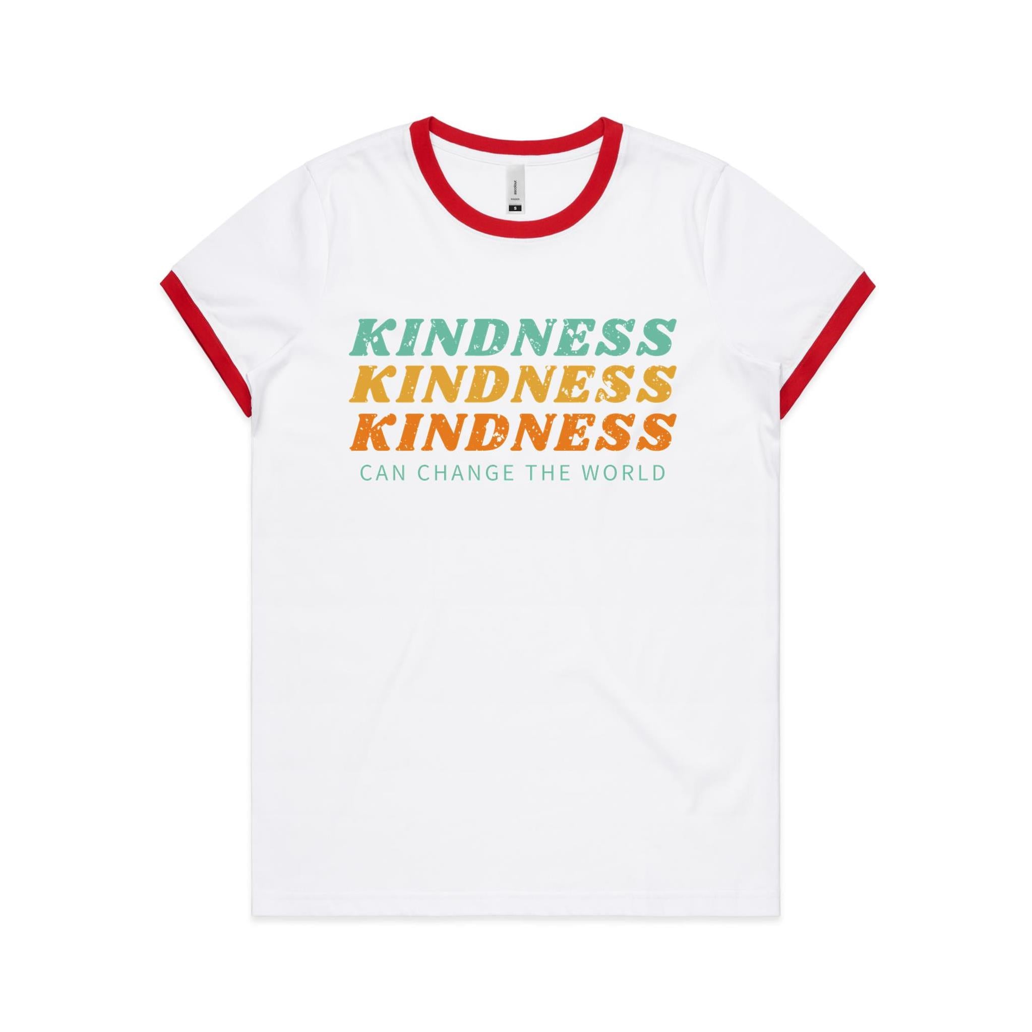 Kindness Can Change The World - Women's Ringer Tee White Red Womens Ringer T-shirt Kindness Printed In Australia