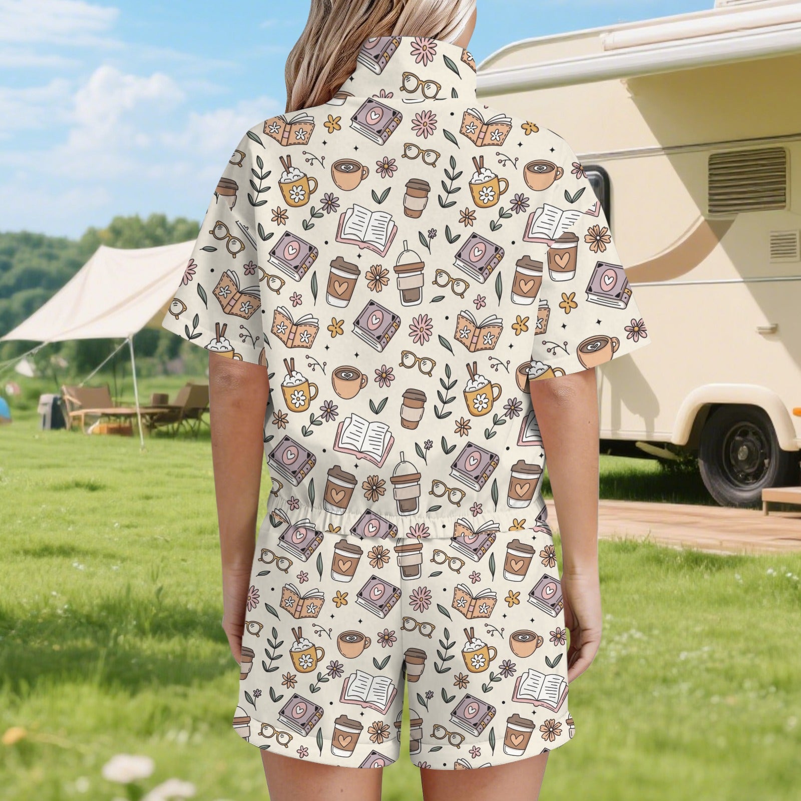 Books And Coffee Women's Windbreaker Short Set Women's Windbreaker Short Set Coffee Printed Offshore Reading