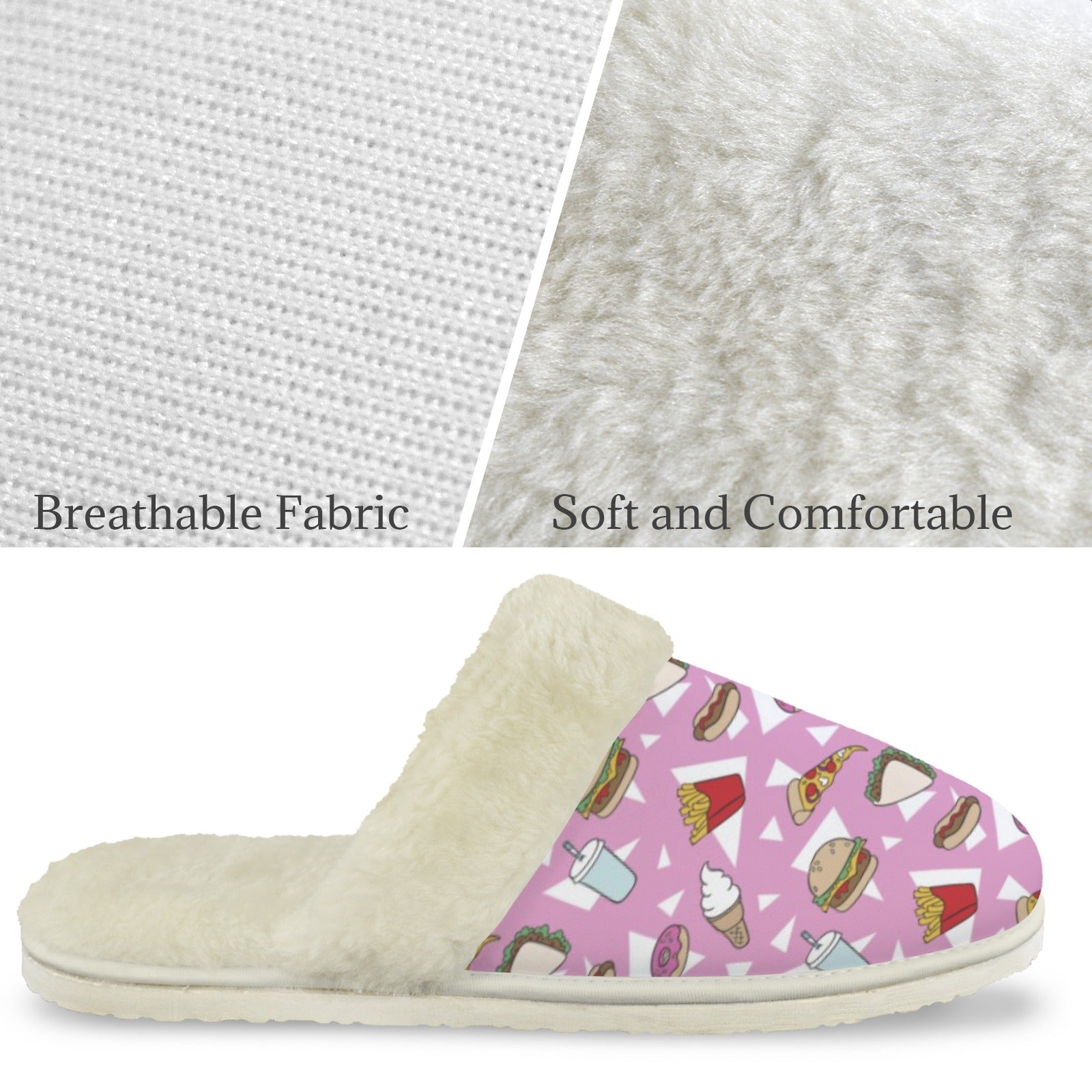 Fast Food Women's Fur Trim Thick-Sole Indoor Slippers Women's Fur Trimmed Slippers Food Printed Offshore
