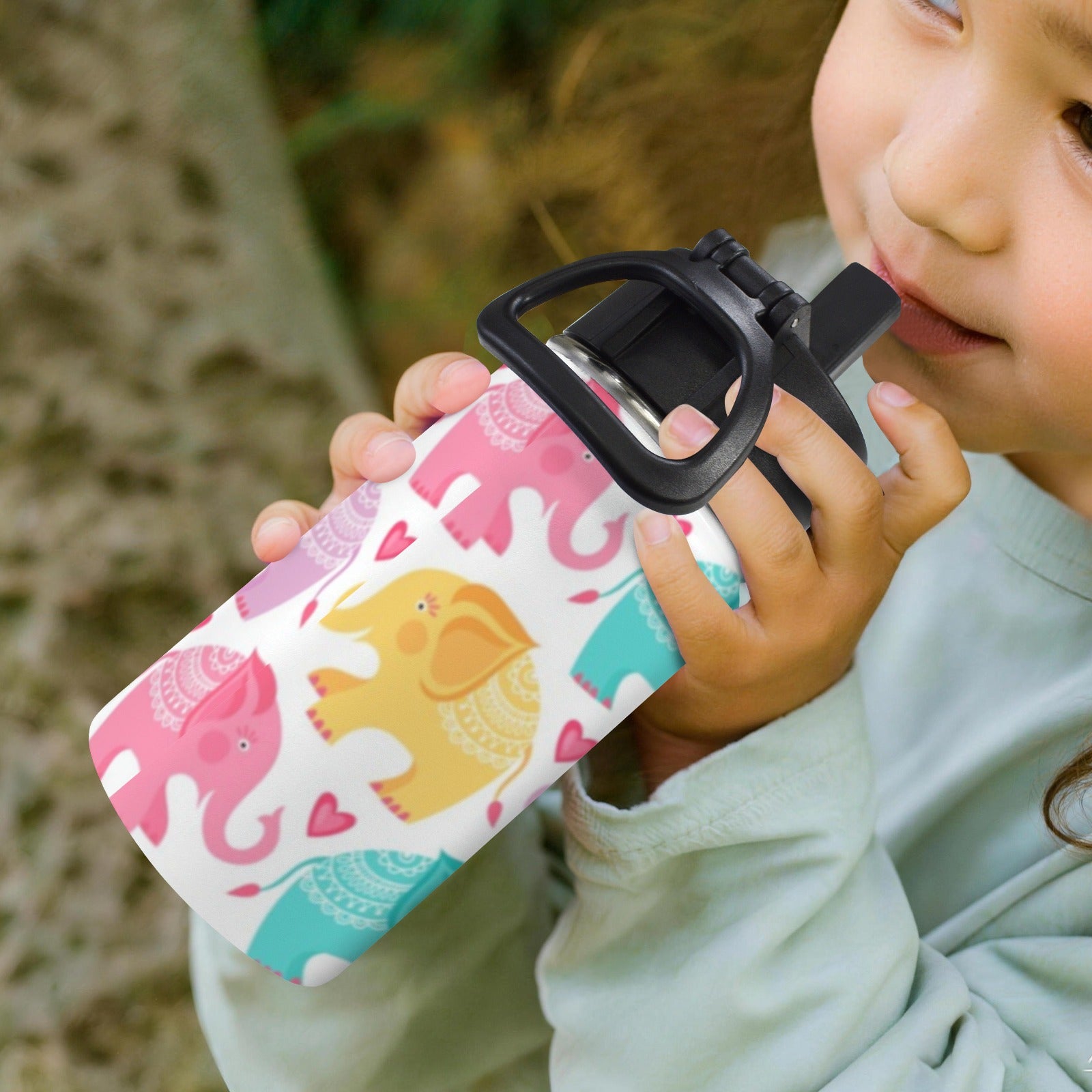 Cute Cartoon Elephant 12oz Kids Water Bottle with Straw Lid