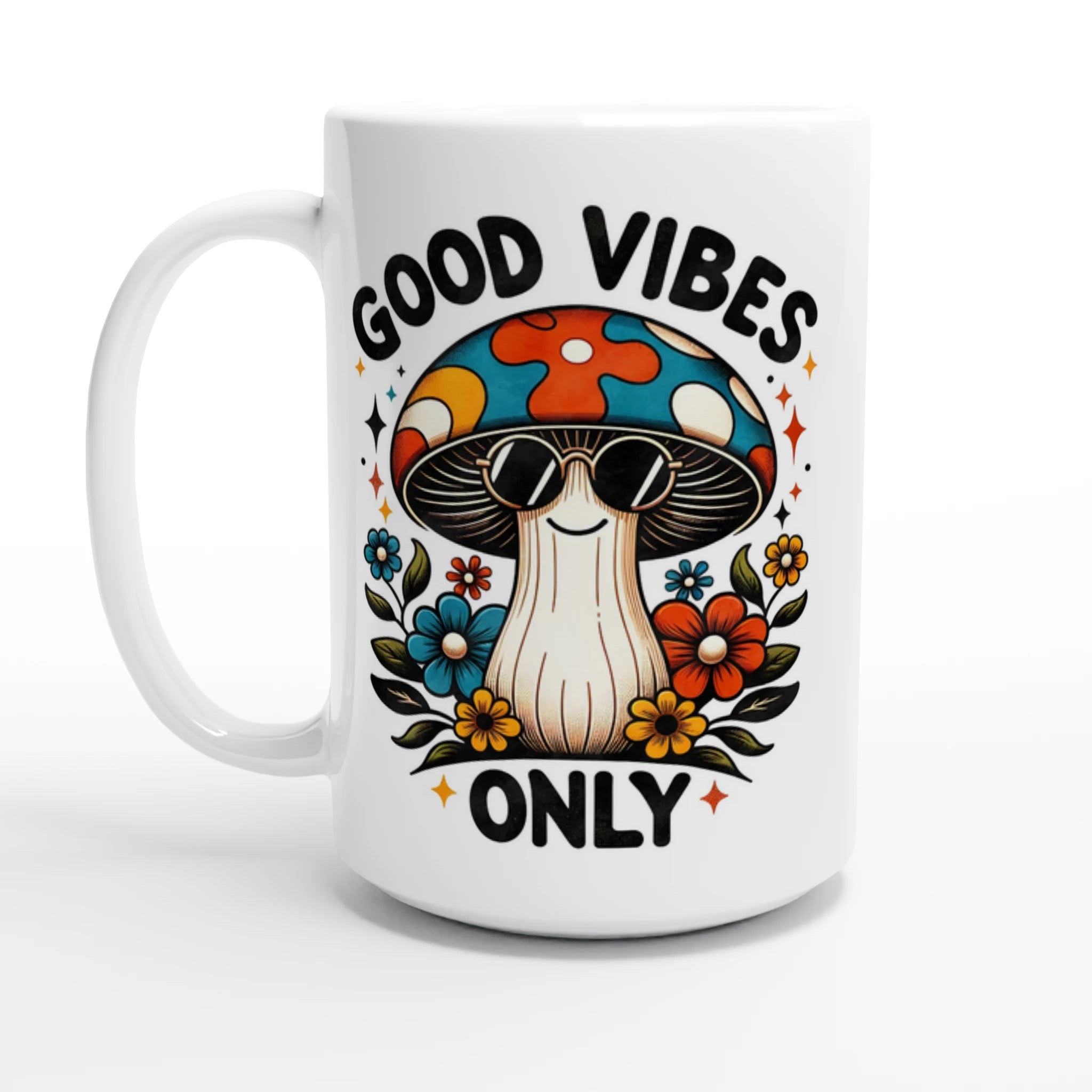 Personalised Good Vibes Only, Hippie Mushroom With Sunglasses White 15oz Ceramic Mug Default Title Personalised 15oz Mug Globally Fulfilled Posititvity