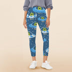 Cute Aliens in UFOs - Women's High Waist Pockets Yoga Leggings