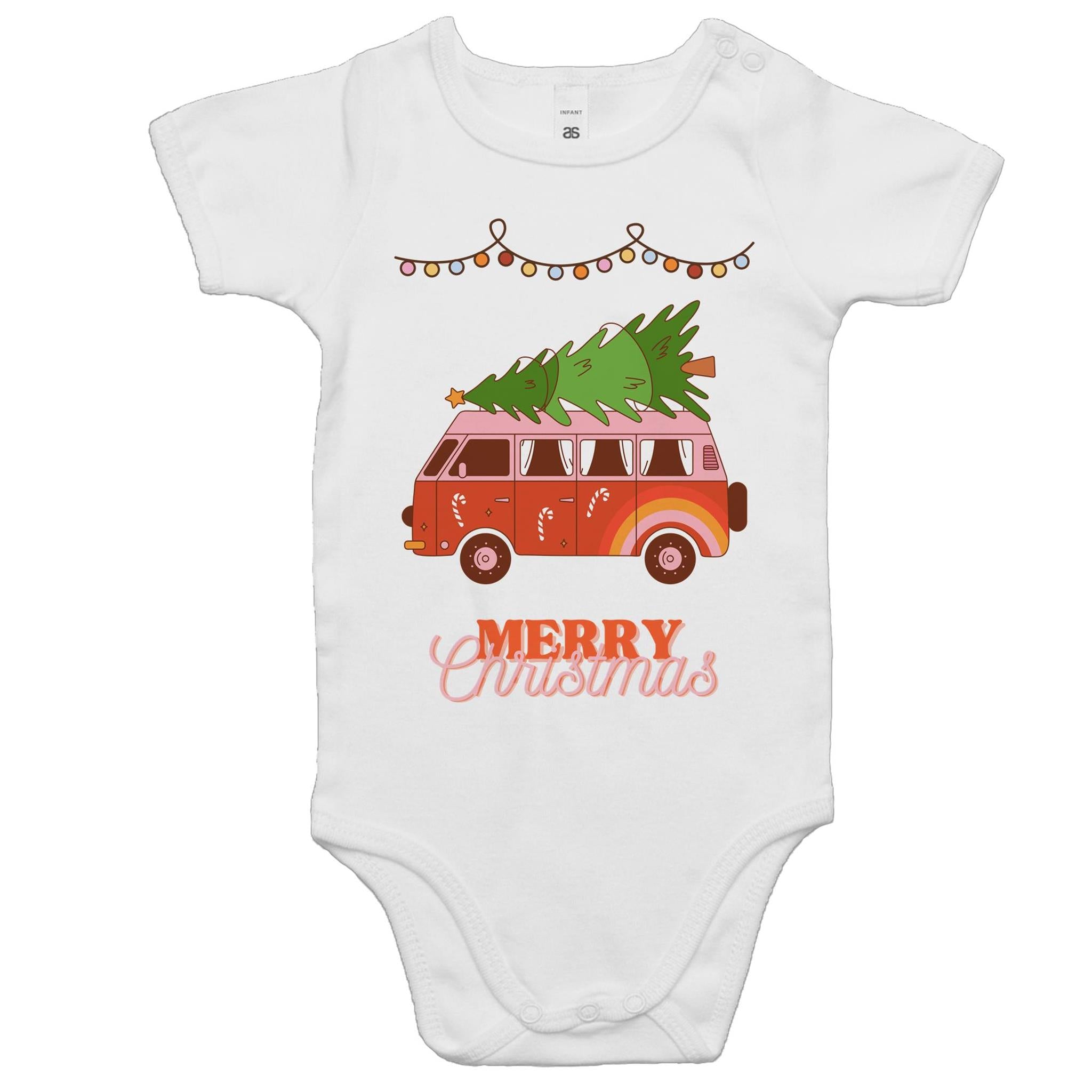 Merry Christmas Hippy Van - Baby Bodysuit White Baby Christmas Bodysuit Christmas Printed In Australia