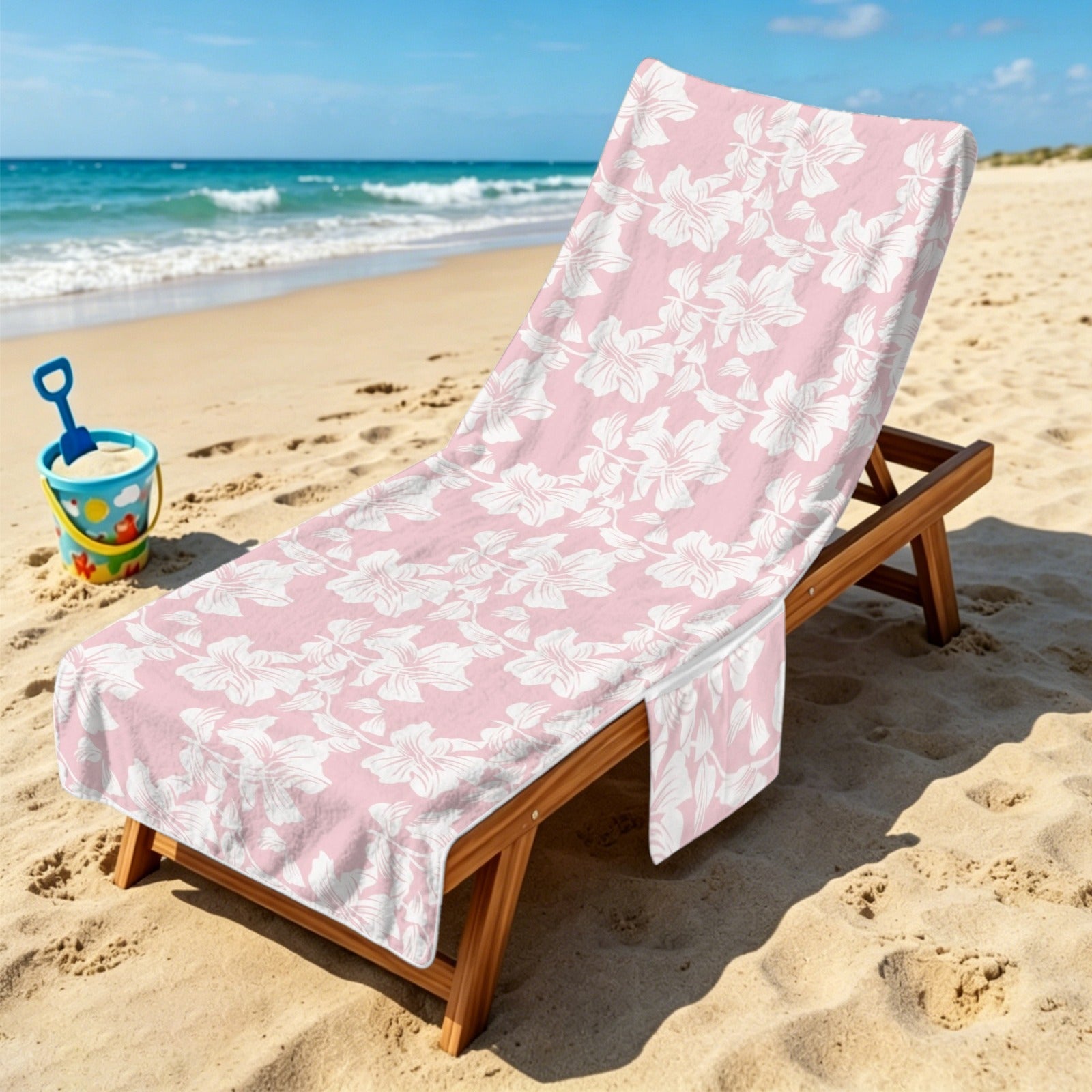 Pink Hawaiian Floral Beach Chair Towel Cover with Side Pockets