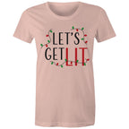 Let's Get Lit, Christmas Lights - Womens T-shirt Pale Pink Womens Christmas T-shirt Christmas Printed In Australia