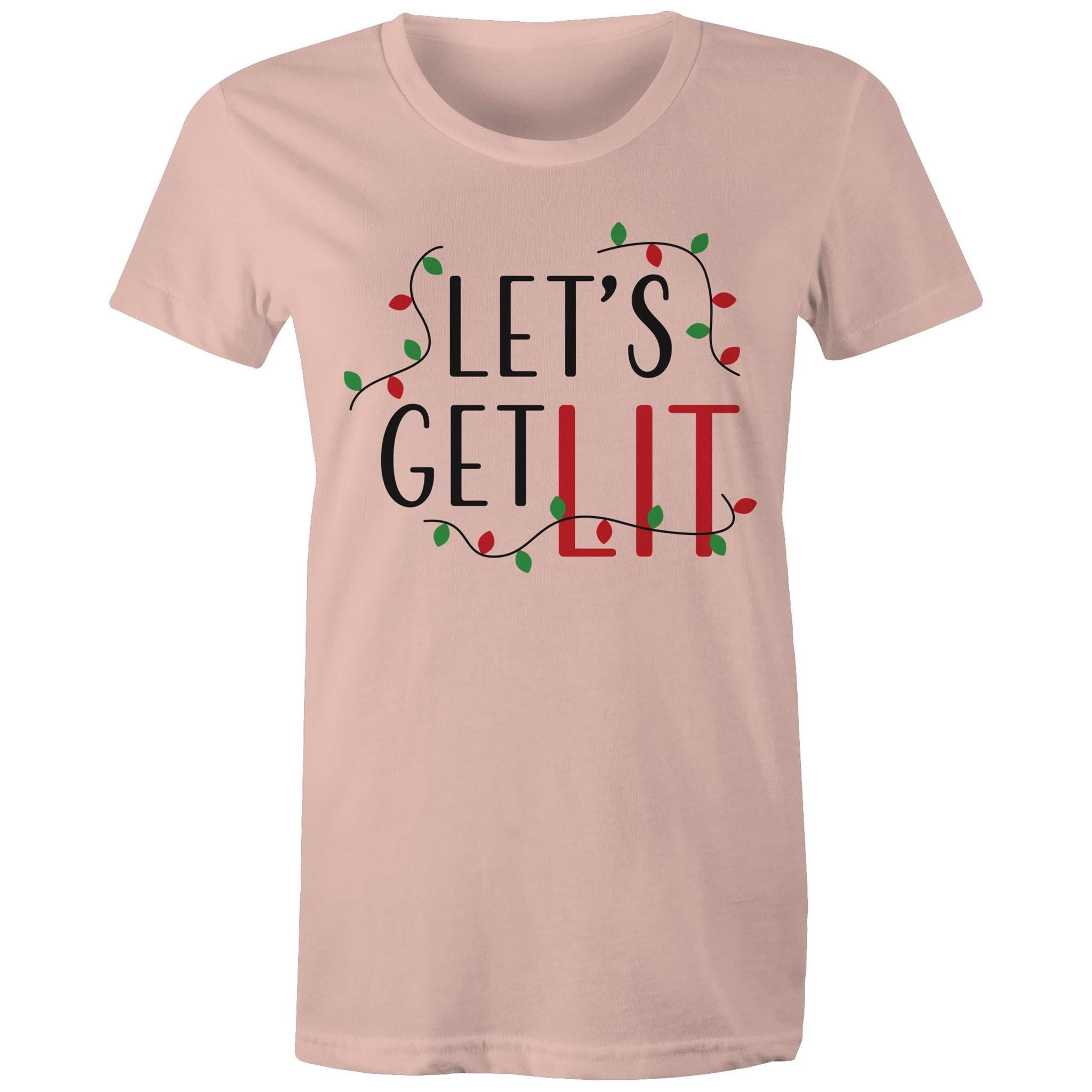 Let's Get Lit, Christmas Lights - Womens T-shirt Pale Pink Womens Christmas T-shirt Christmas Printed In Australia