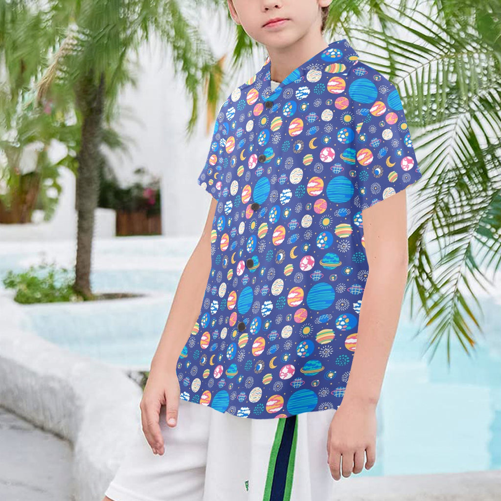 Planets On Blue Senior Kids Hawaiian Shirt