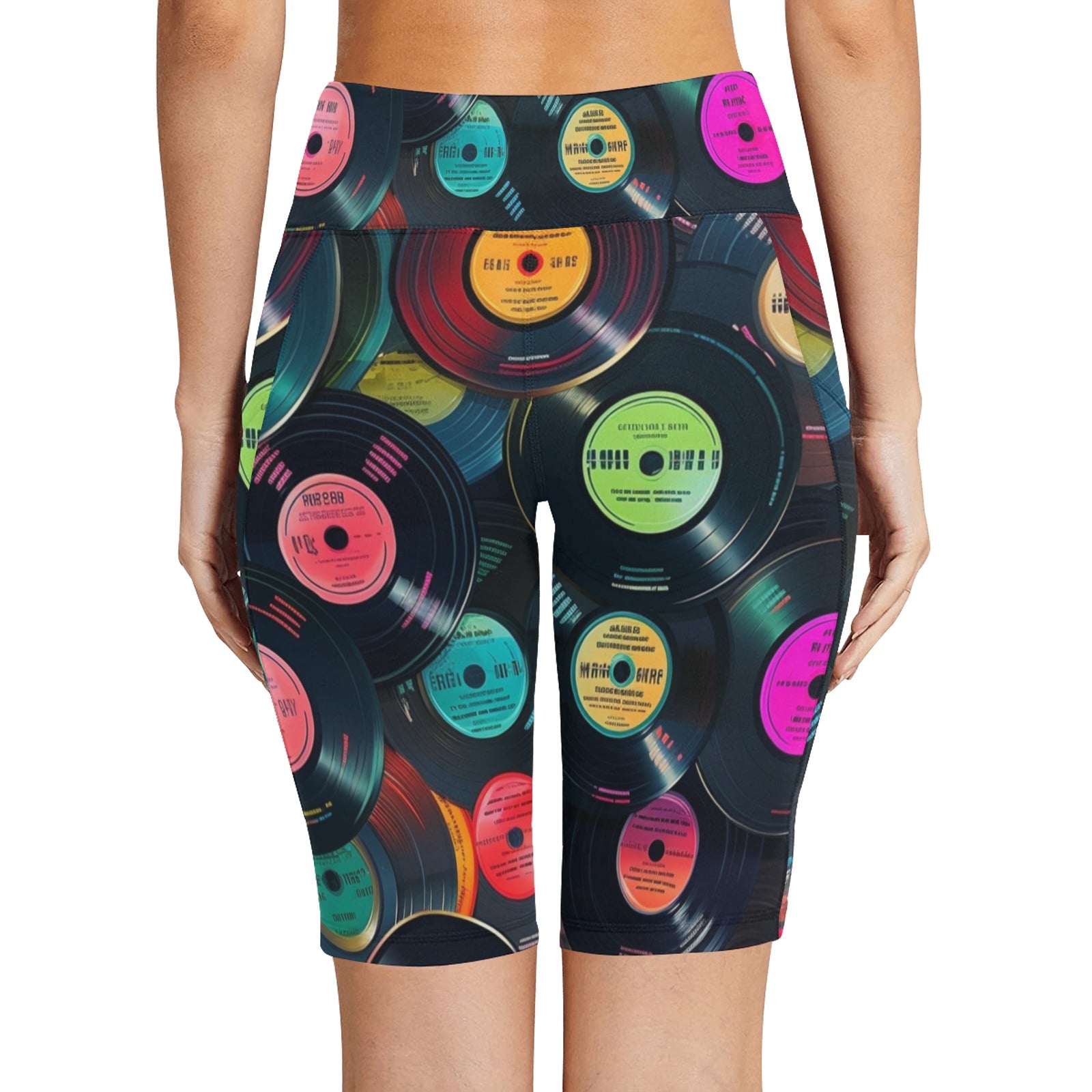 Retro Vinyl Records Women's Bike Shorts With Side Pockets Women's Bike Shorts Printed Offshore