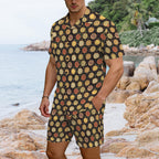 Round Pizzas On Black Men's Hawaiian Shirt & Shorts Set Men's Hawaiian Shirt & Shorts Set Food Printed Offshore