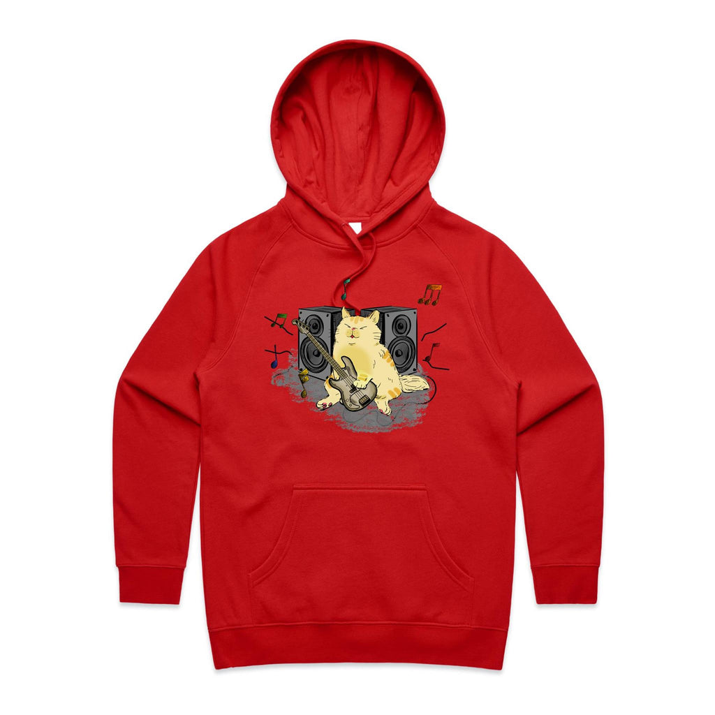Cat Bass Player - Womens Hoodie Red Womens 2XL Womens Hoodie animal Music Printed In Australia
