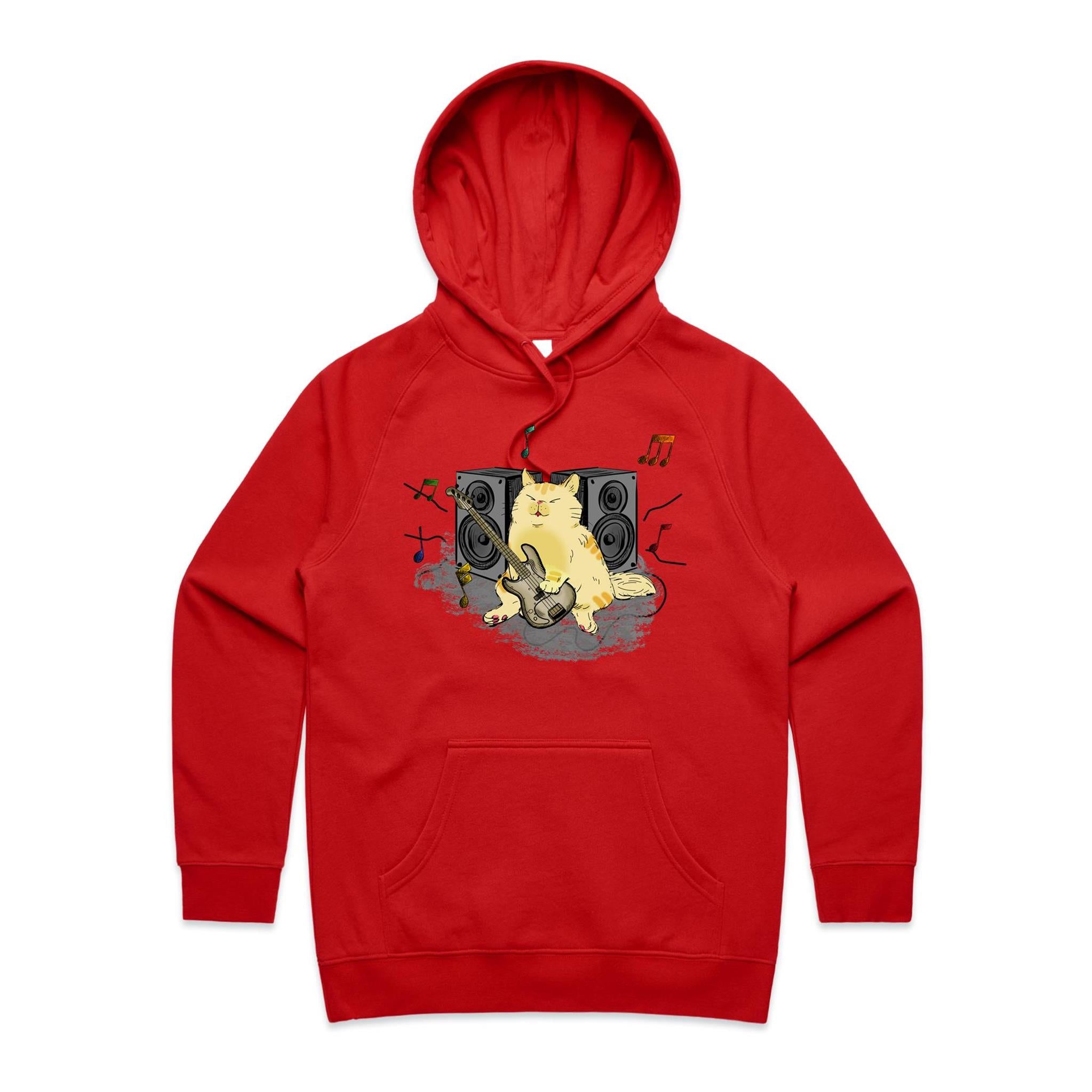 Cat Bass Player - Womens Hoodie Red Womens 2XL Womens Hoodie animal Music Printed In Australia