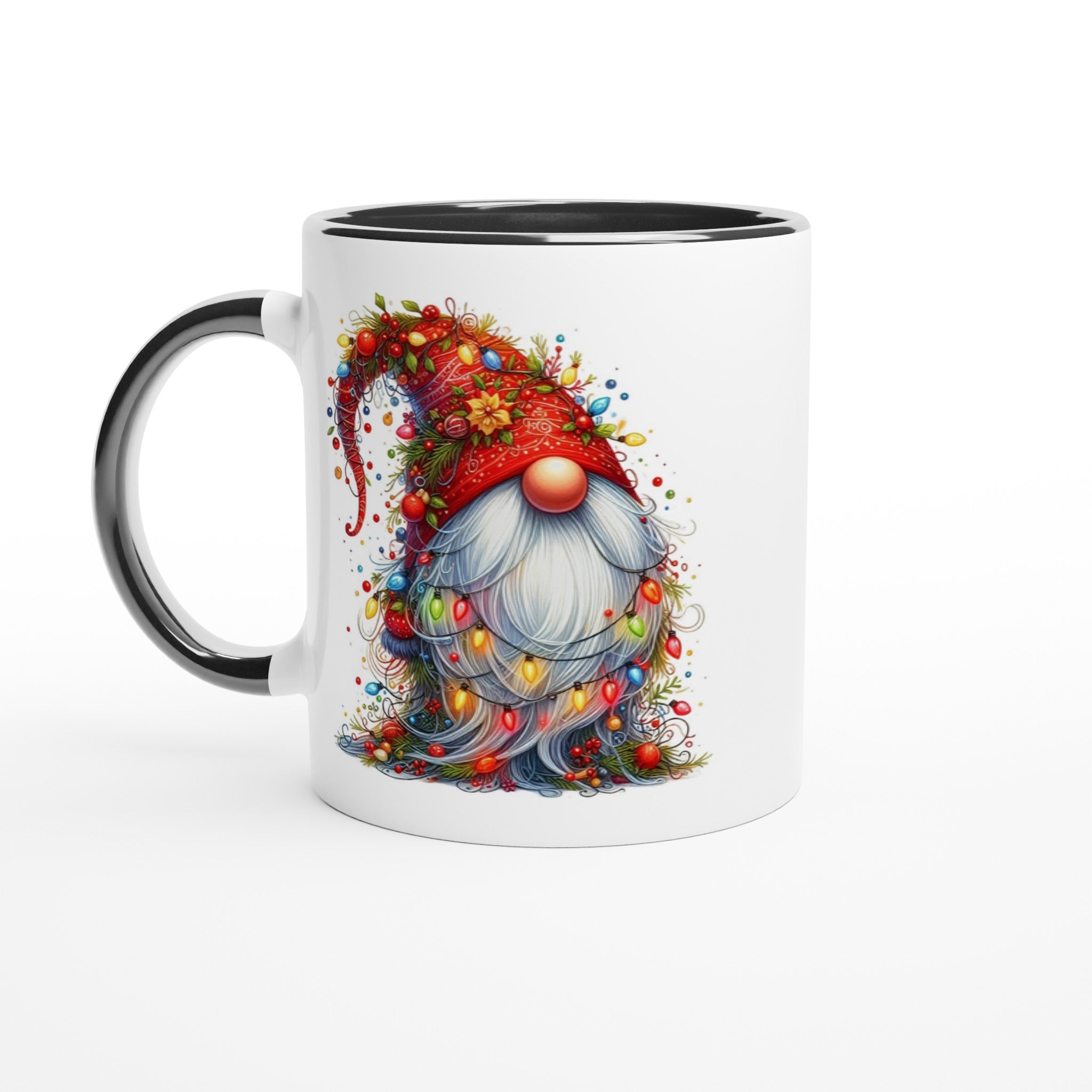 Christmas Gnome Wrapped In Lights - White 11oz Ceramic Mug with Colour Inside Ceramic Black Christmas Colour Mug Christmas Globally Fulfilled