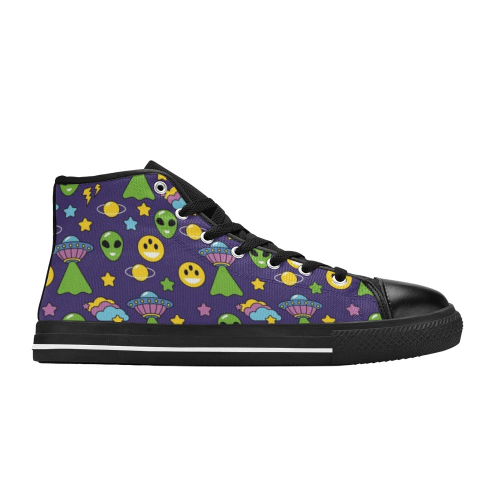 Groovy Alien And UFO Men's High Top Canvas Shoes Men's Classic High Top Canvas Shoes Printed Offshore Retro Sci Fi