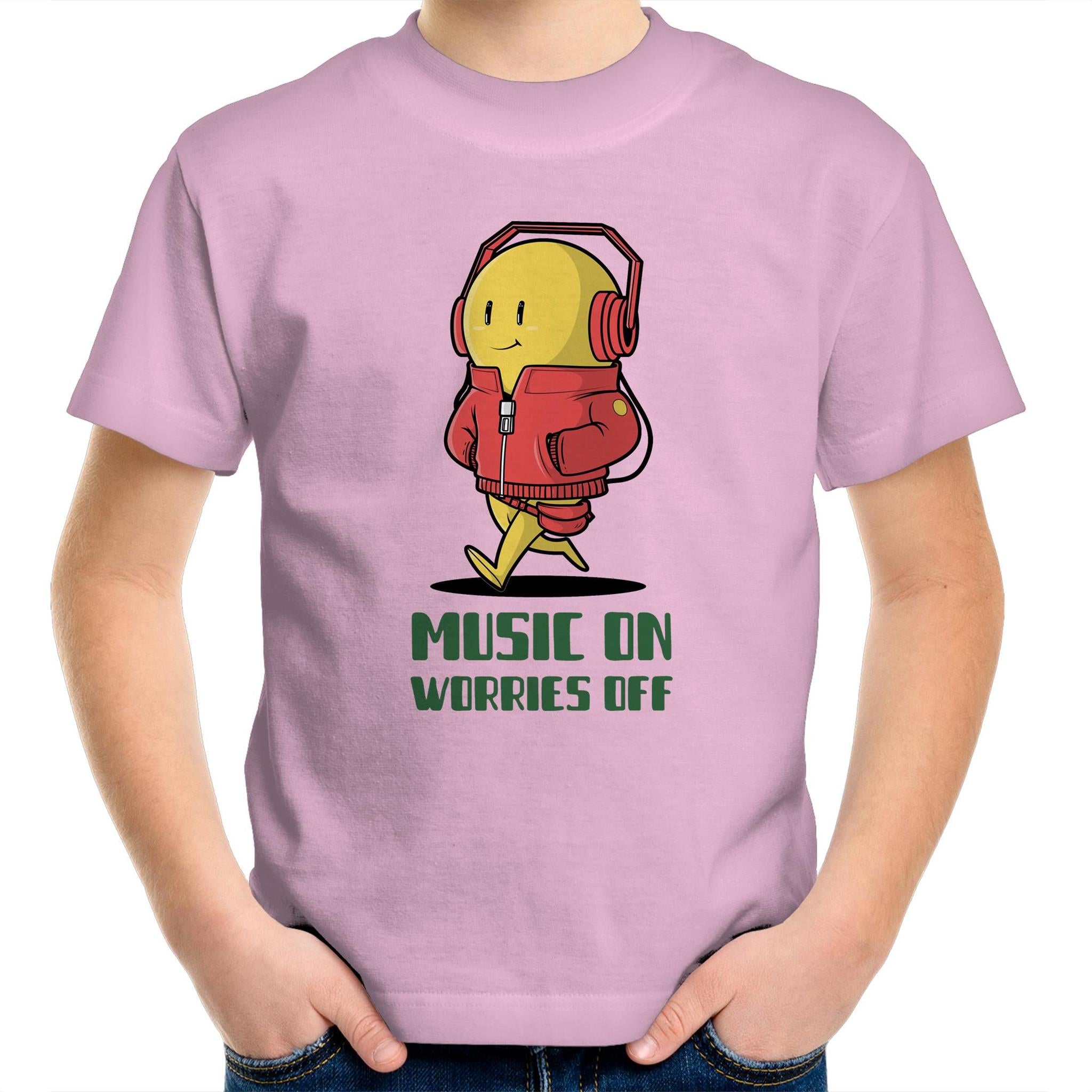 Music On, Worries Off, Headphones - Kids Youth T-Shirt Pink Kids Youth T-shirt Music Printed In Australia