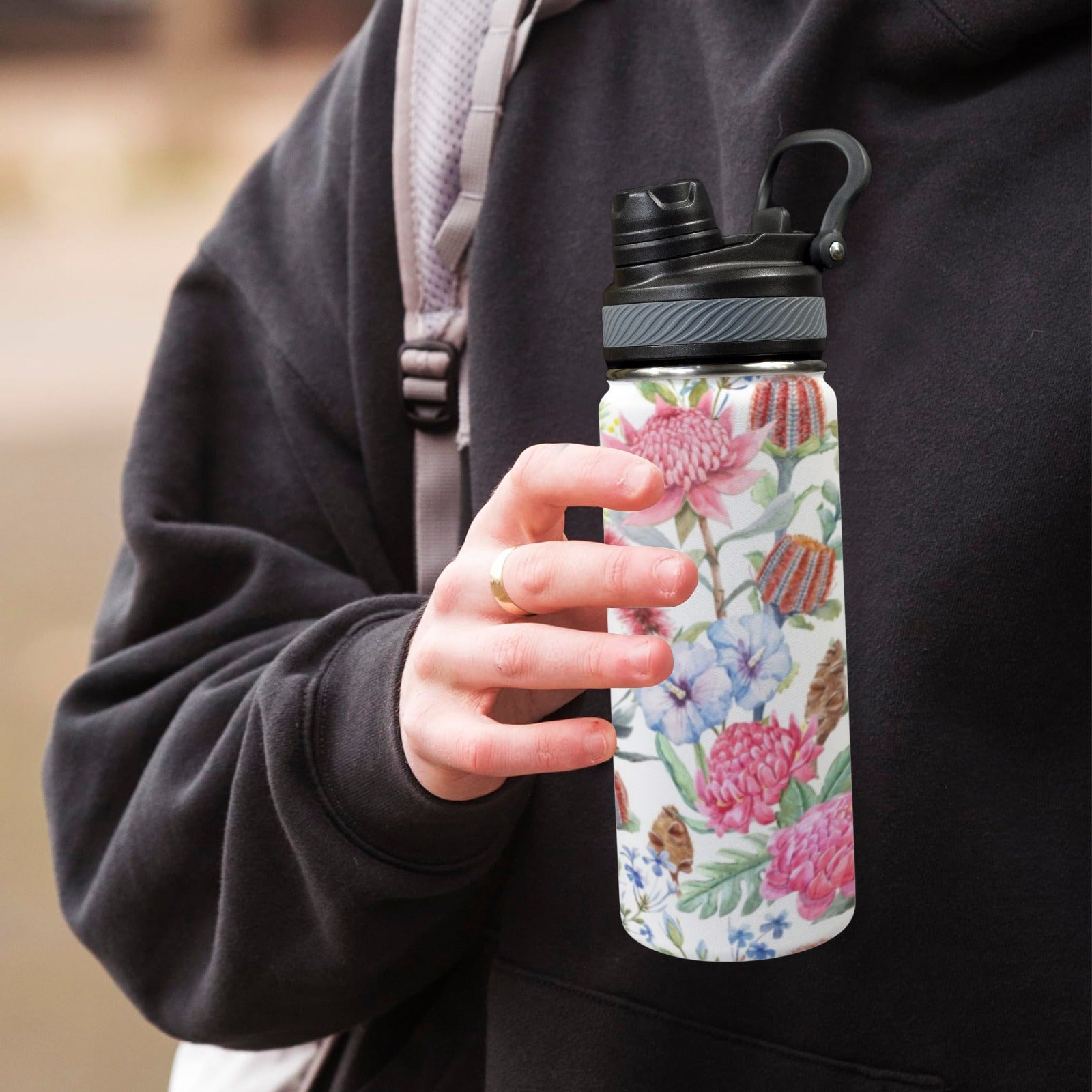 Australian Flowers - Insulated Water Bottle with Dual-Use Lid (18oz) Insulated Water Bottle with Dual-Use Lid (18oz) Plants Printed Offshore