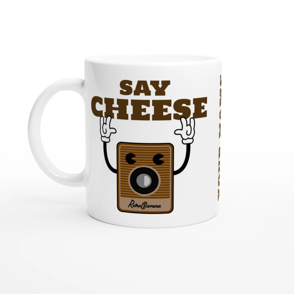 Personalised - Say Cheese, Retro Camera - White 11oz Ceramic Mug with Colour Inside Ceramic White Personalised 11oz Mug customise Globally Fulfilled personalise Retro Tech