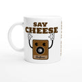 Personalised Say Cheese, Retro Camera White 11oz Ceramic Mug with Colour Inside Ceramic White Personalised 11oz Mug customise Globally Fulfilled personalise Retro Tech