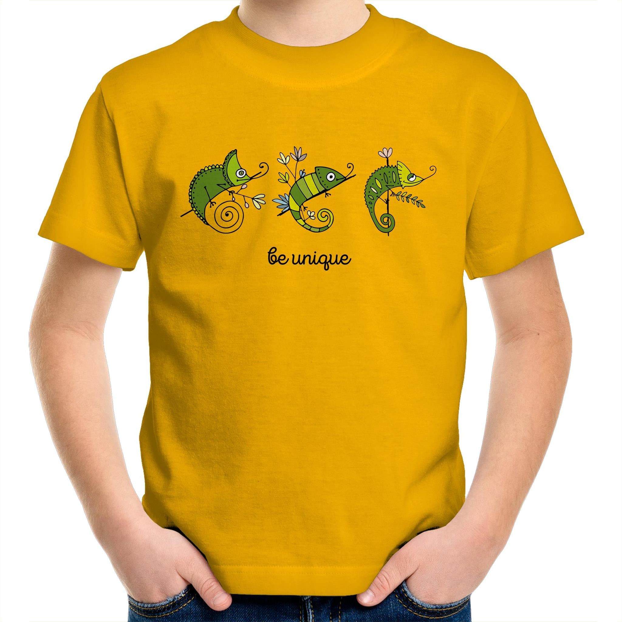 Chameleon, Be Unique - Kids Youth T-Shirt Gold Kids Youth T-shirt animal Printed In Australia