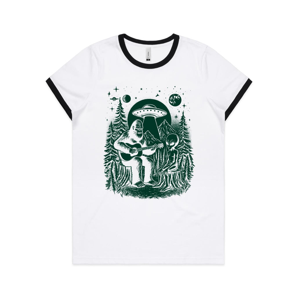 Alien And Bigfoot Playing Guitar - Women's Ringer Tee White Black Womens Ringer T-shirt Music Printed In Australia Sci Fi