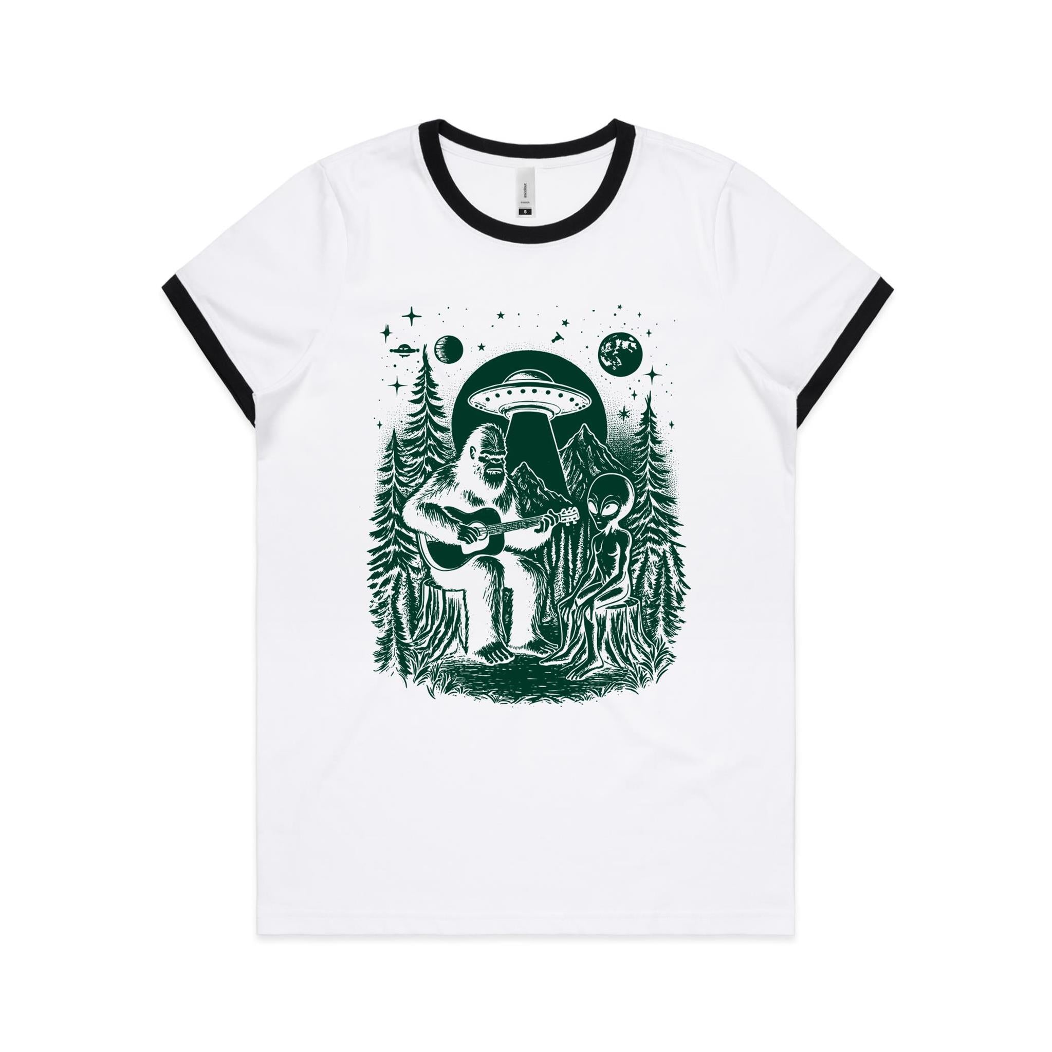 Alien And Bigfoot Playing Guitar - Women's Ringer Tee White Black Womens Ringer T-shirt Music Printed In Australia Sci Fi