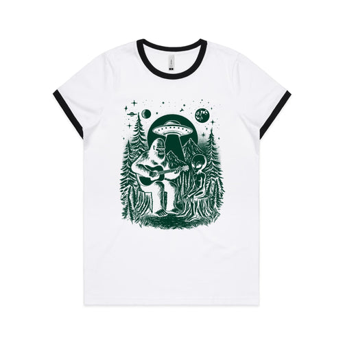 Alien And Bigfoot Playing Guitar - Women's Ringer Tee White Black Womens Ringer T-shirt Music Printed In Australia Sci Fi