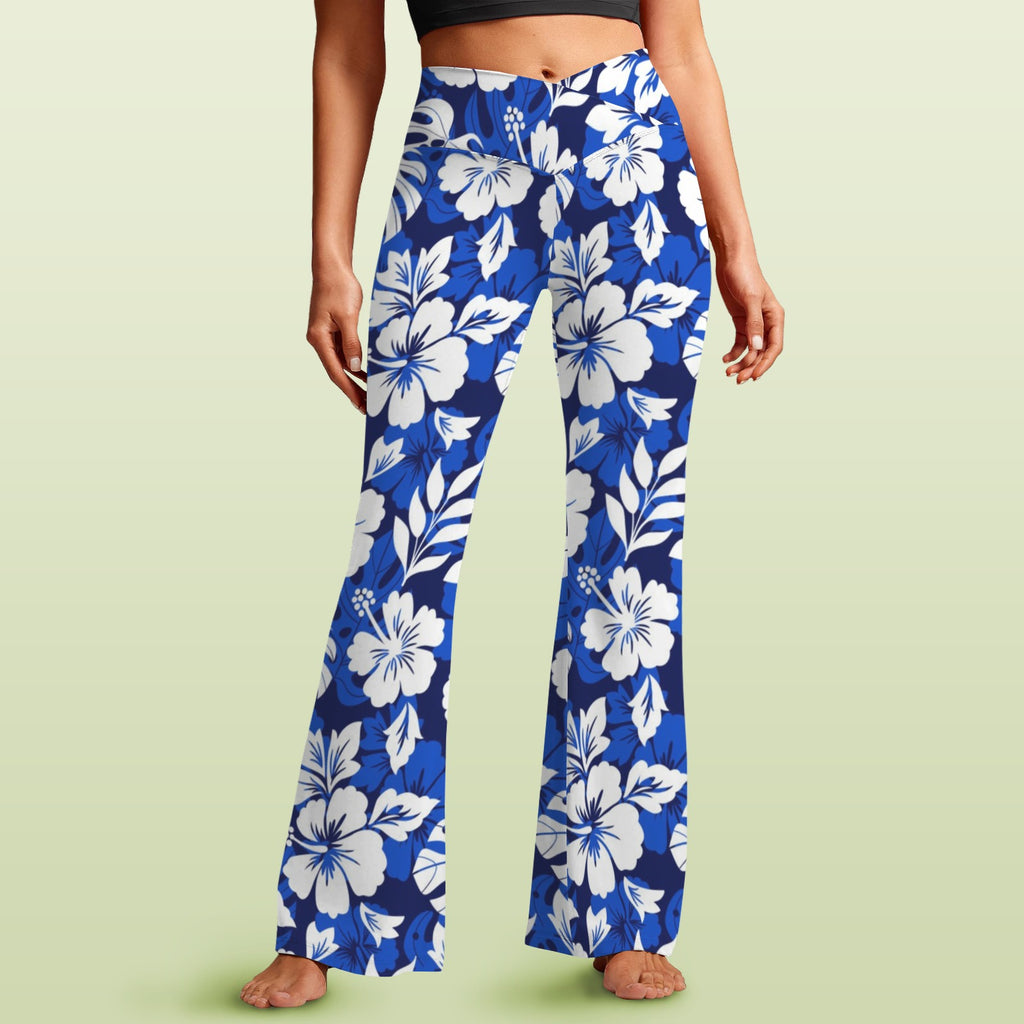 Blue Hawaiian Floral High Waist Crossover Tummy Control Flare Leggings 5XL High Waist Flare Leggings Plants Printed Offshore