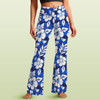 Blue Hawaiian Floral High Waist Crossover Tummy Control Flare Leggings 5XL High Waist Flare Leggings Plants Printed Offshore