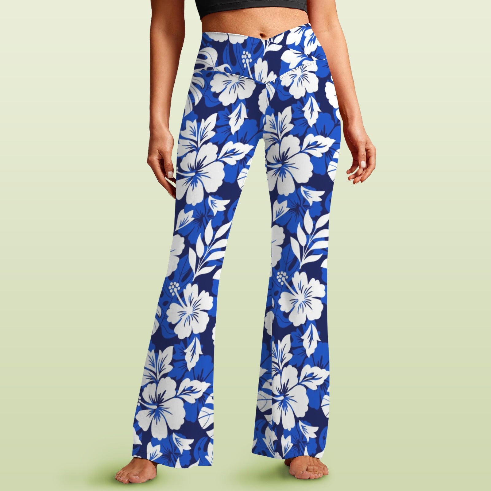 Blue Hawaiian Floral High Waist Crossover Tummy Control Flare Leggings 5XL High Waist Flare Leggings Plants Printed Offshore