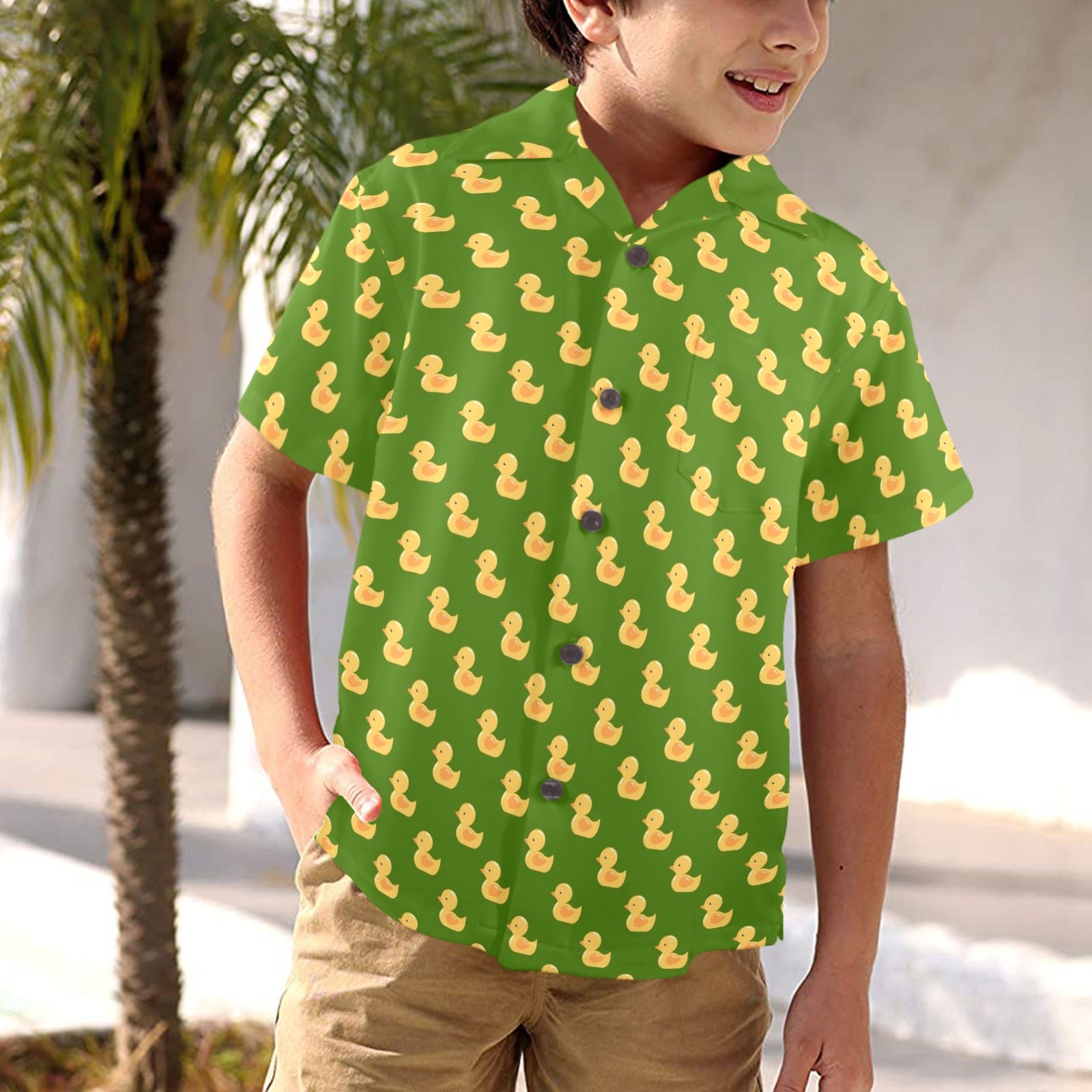 Rubber Ducks On Green Junior Kids Hawaiian Shirt