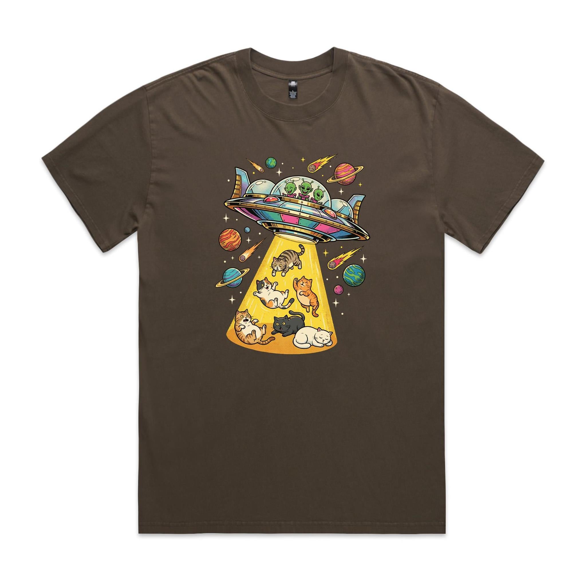 UFO Cat Abduction AS Colour Heavy Faded Tee Unisex Faded brown Heavy Faded T-shirt animal Printed In Australia Sci Fi