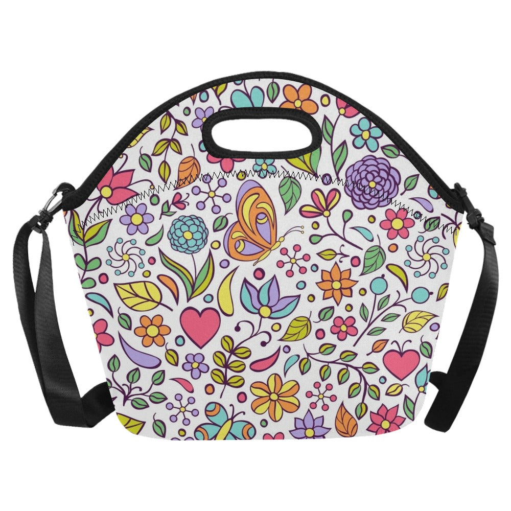 Hippie Butterfly And Flowers Neoprene Lunch Bag/Large (Model 1669) Neoprene Lunch Bag Plants Printed Offshore