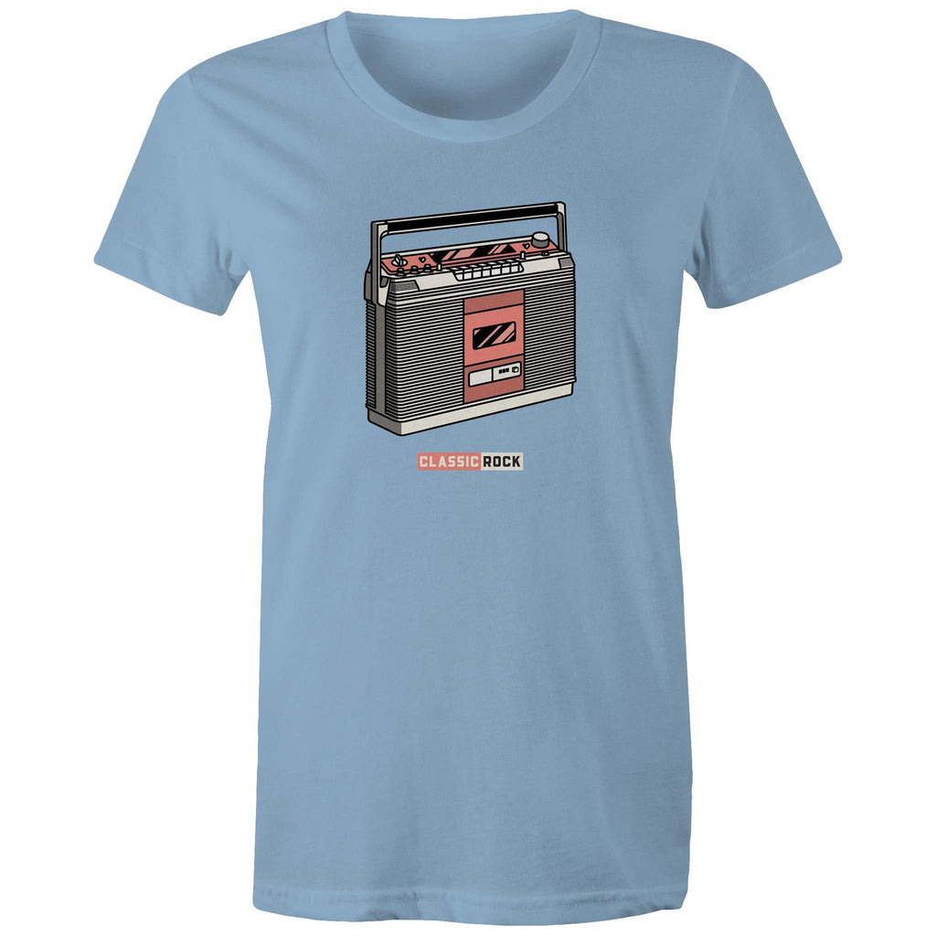 Classic Rock, Cassette Player - Womens T-shirt Carolina Blue Womens T-shirt Music Printed In Australia Retro