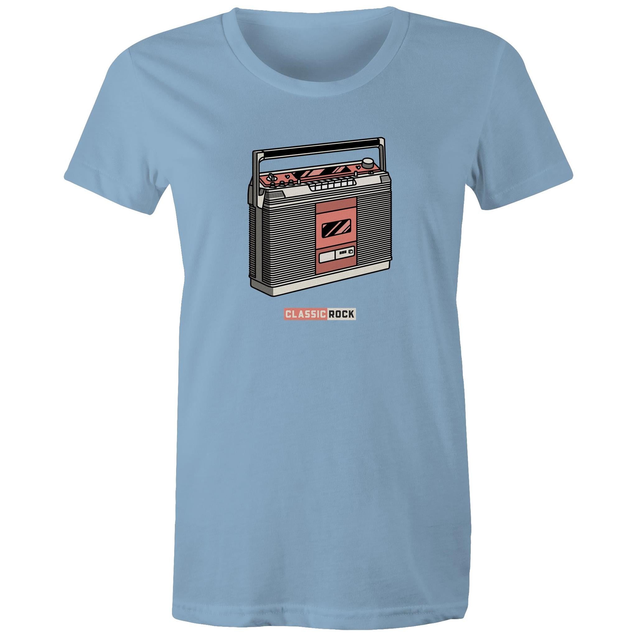 Classic Rock, Cassette Player - Womens T-shirt Carolina Blue Womens T-shirt Music Printed In Australia Retro