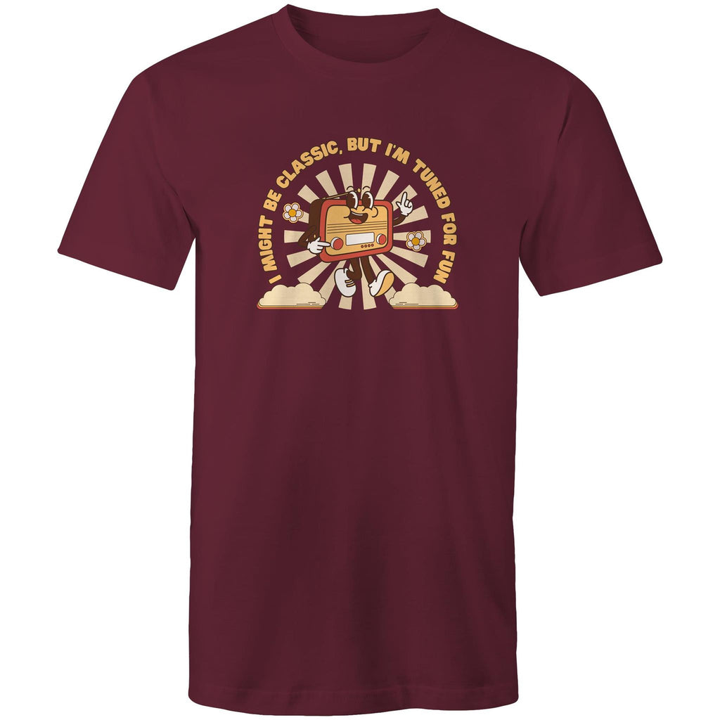 I Might Be Classic But Im Tuned For Fun, Old Radio - Mens T-Shirt Burgundy Mens T-shirt Music Printed In Australia Retro