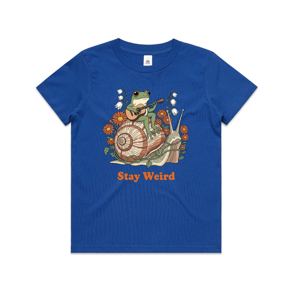 Stay Weird, Guitar Playing Frog On A Snail Kid's AS Colour T-shirt Bright Royal Kids Youth T-shirt animal Music Printed In Australia