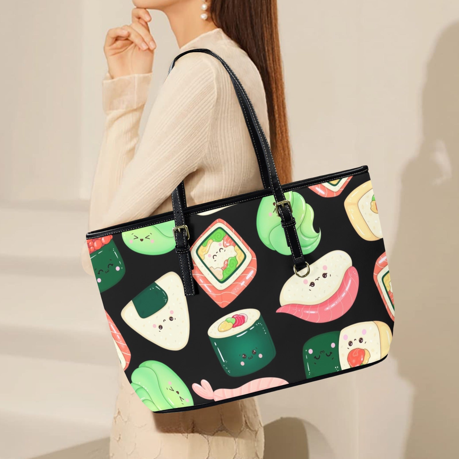 Happy Sushi - Leather Tote Bag-Large