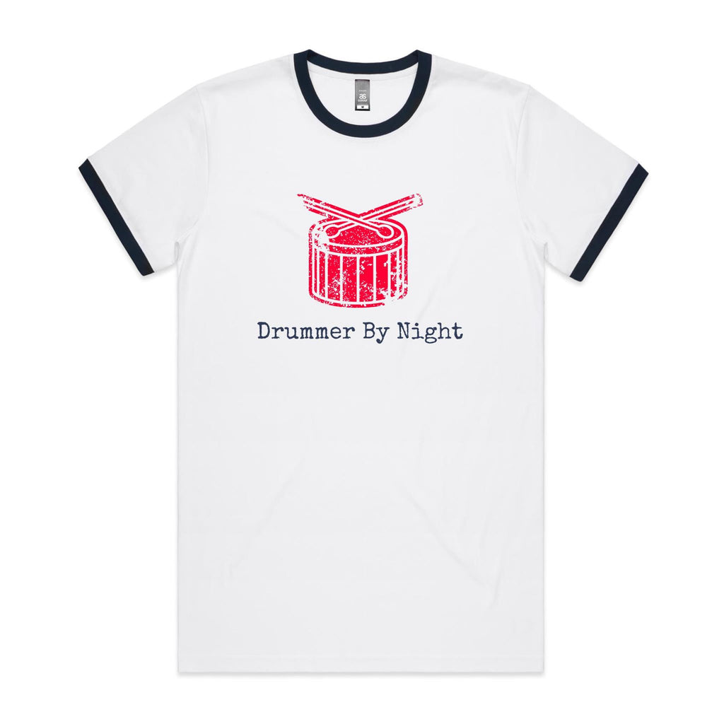Drummer By Night - Staple Ringer Tee White Navy Ringer T-Shirt Music Printed In Australia