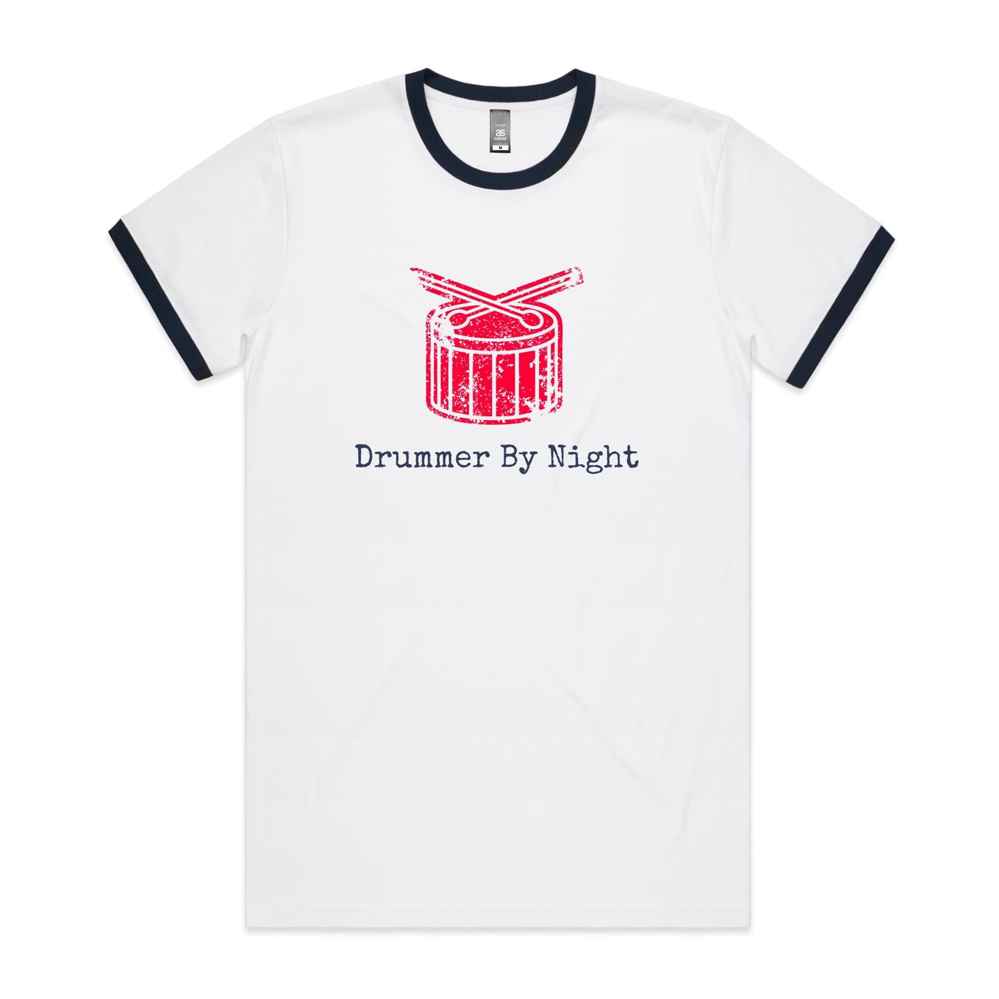 Drummer By Night - Staple Ringer Tee White Navy Ringer T-Shirt Music Printed In Australia