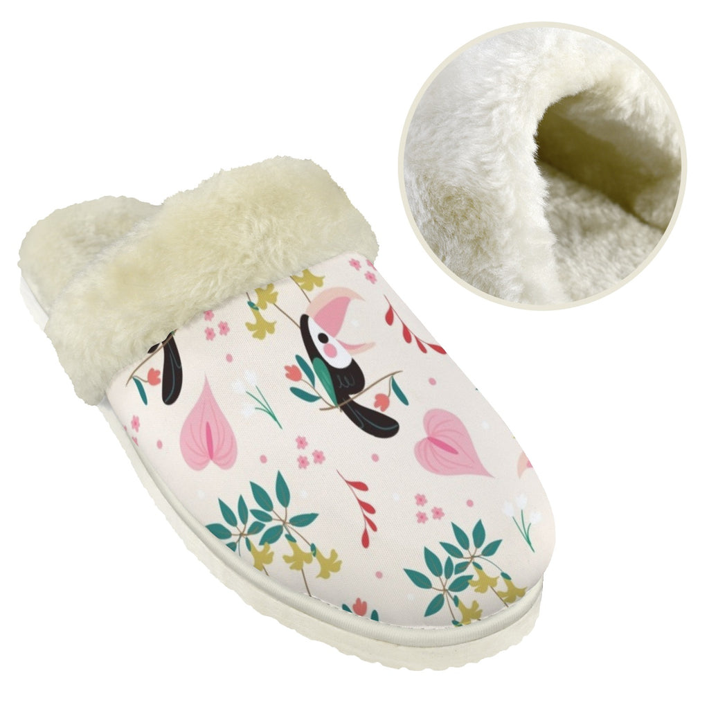Toucans In Pink Women's Fur Trim Thick-Sole Indoor Slippers Women's Fur Trimmed Slippers animal Printed Offshore