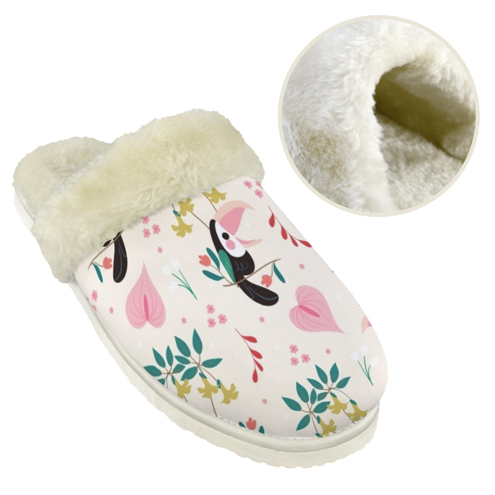 Toucans In Pink Women's Fur Trim Thick-Sole Indoor Slippers Women's Fur Trimmed Slippers animal Printed Offshore