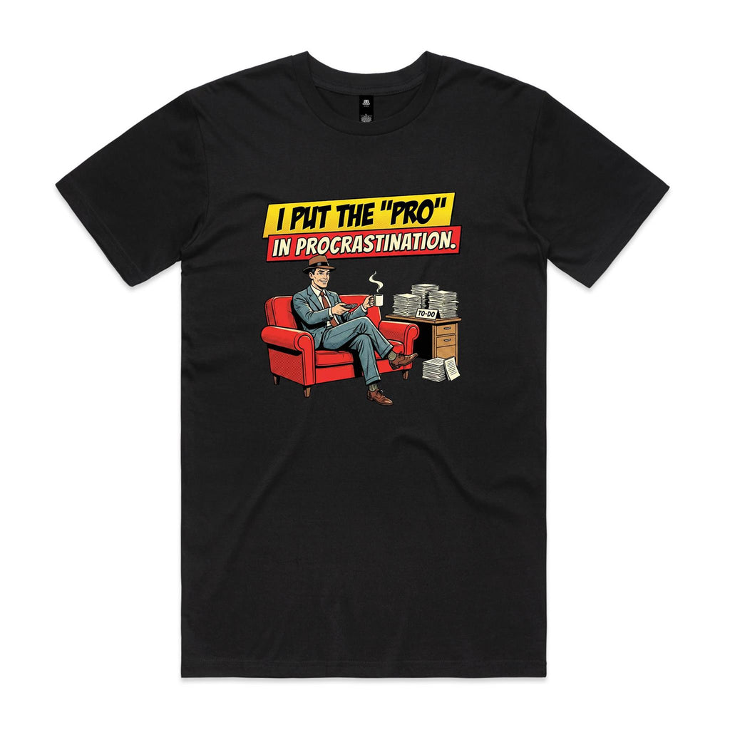 I Put The Pro In Procrastination, Retro Gentleman Men's AS Colour T-shirt Black Mens T-shirt comic Printed In Australia