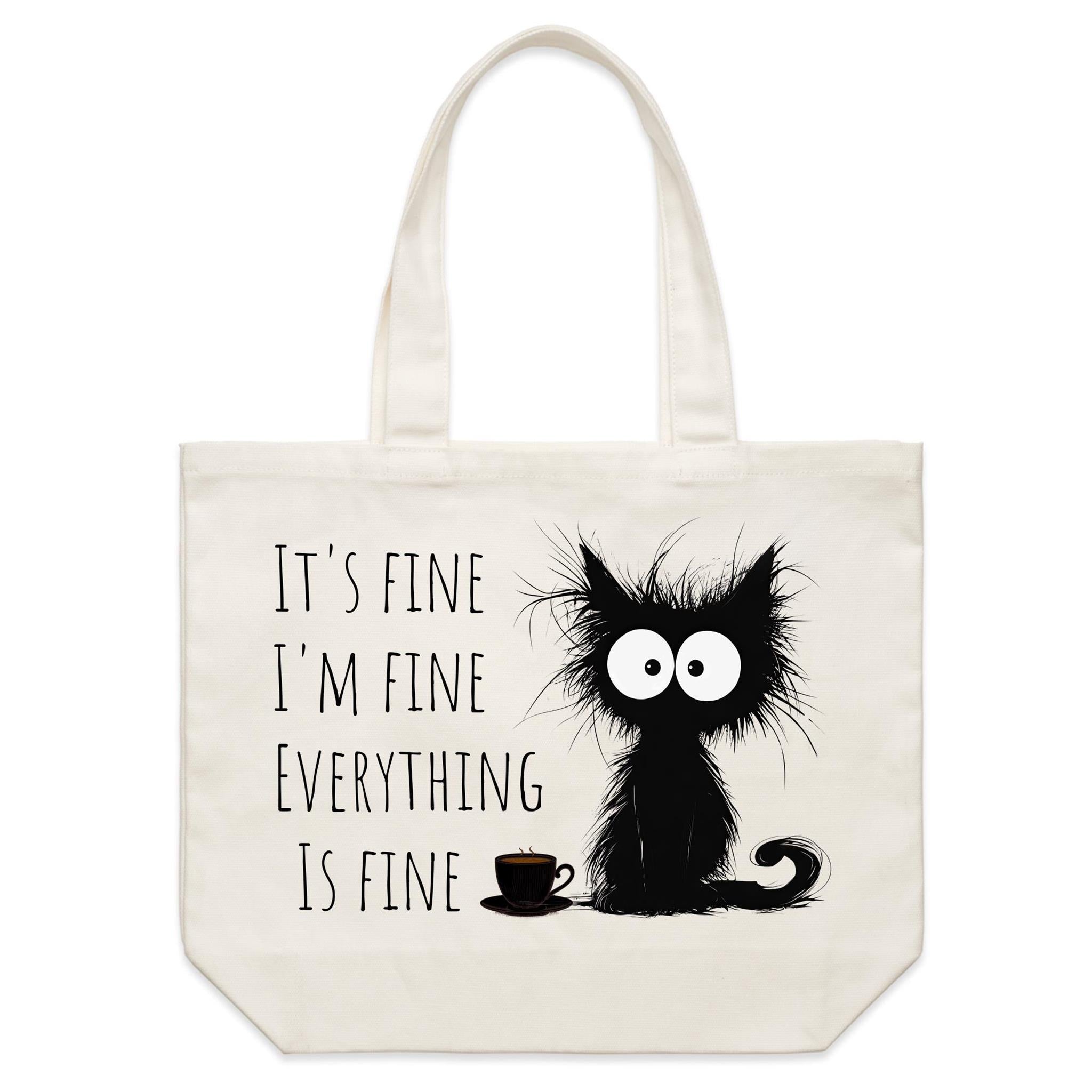 Frazzled Cat, It's Fine, I'm Fine, Everything Is Fine - Shoulder Canvas Tote Bag Default Title Large Tote Bag animal Printed In Australia