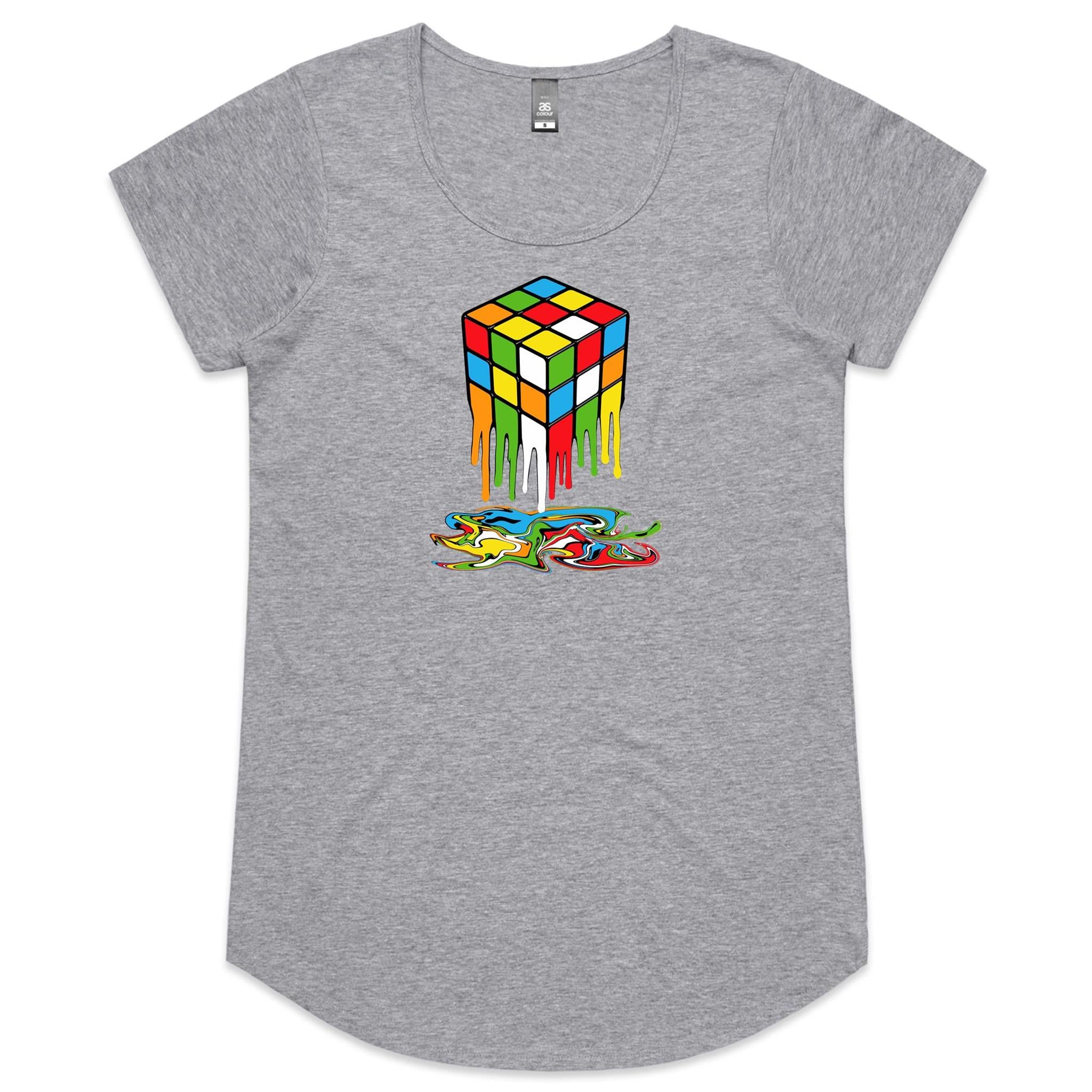 Melting Game Cube - Womens Scoop Neck T-Shirt Grey Marle Womens Scoop Neck T-shirt Games Printed In Australia