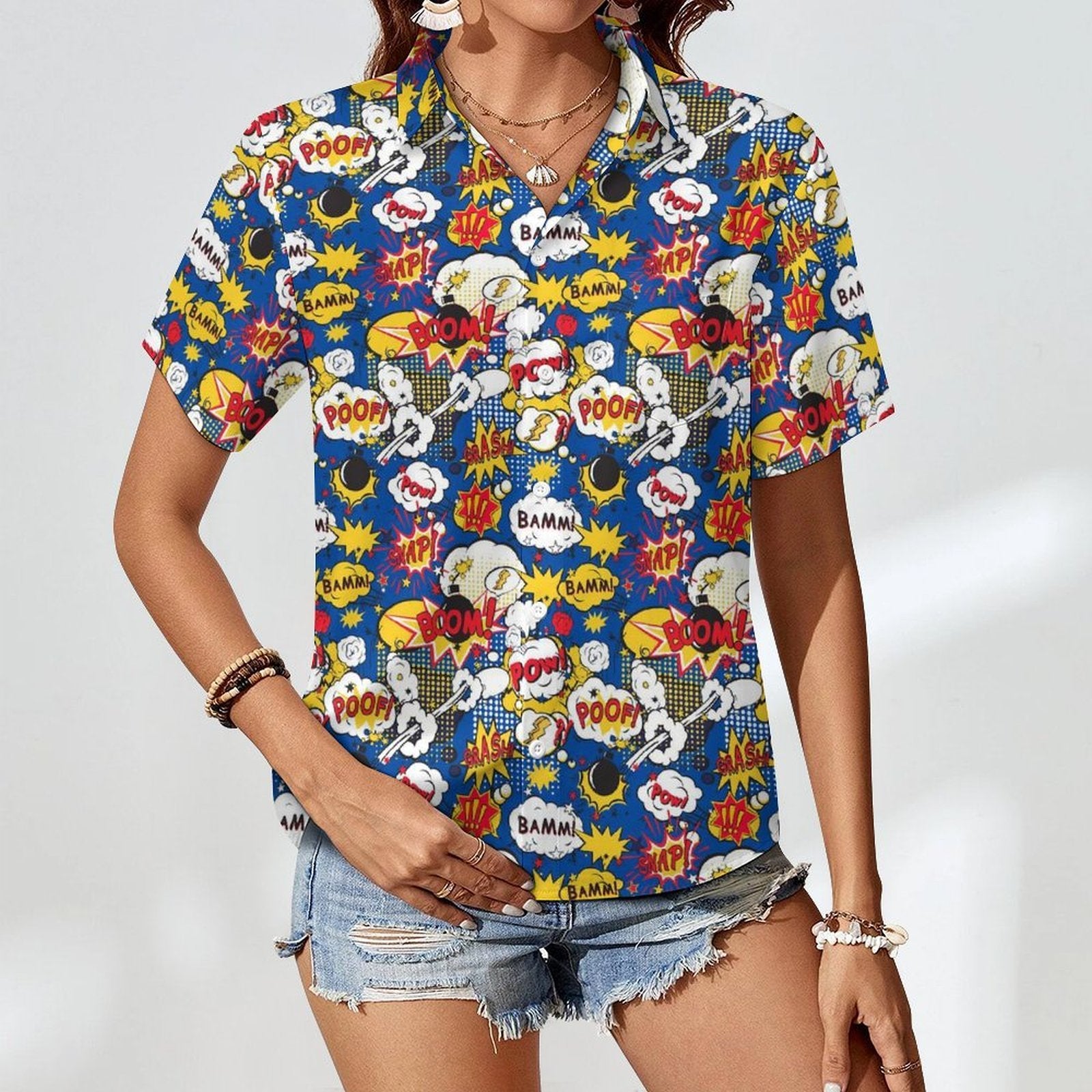 Comic Book Blue Women's Short-Sleeve Button Up Shirt Women's Short-Sleeve Button Up Shirt comic Printed Offshore