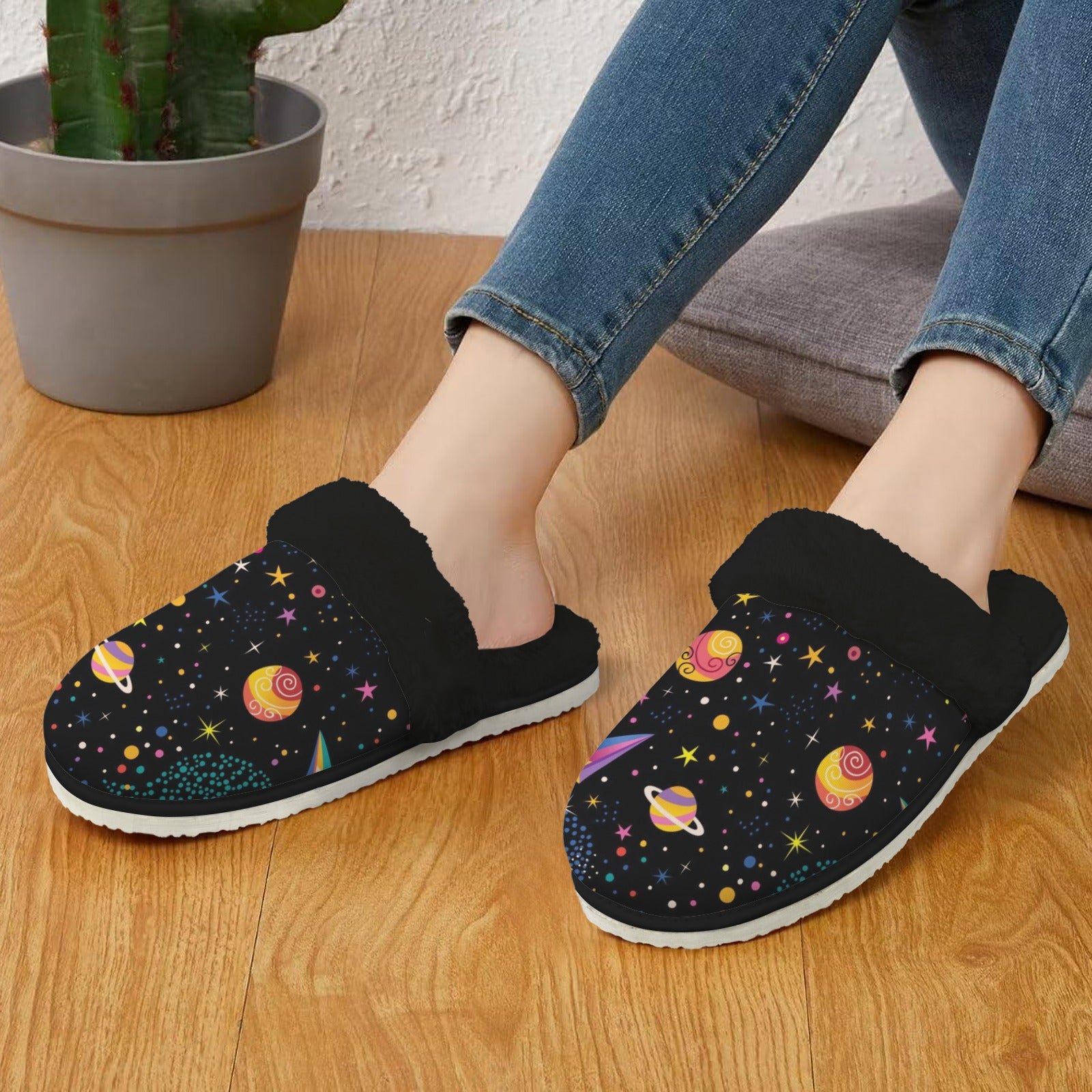 Space Women's Fur Trim Thick-Sole Indoor Slippers Women's Fur Trimmed Slippers Printed Offshore Space